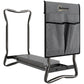 Gray garden seat with tool pouch on foldable steel frame, kneeler pad folded up.