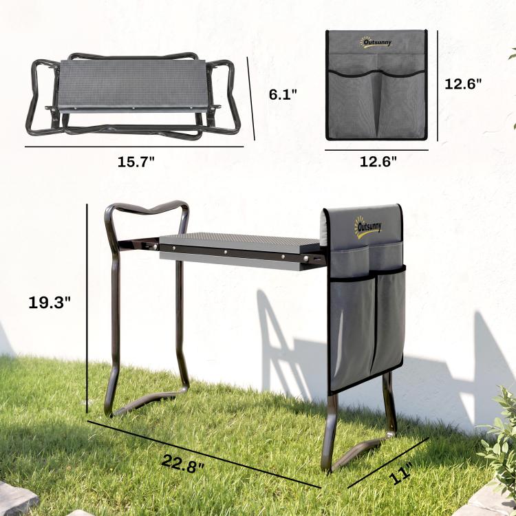 Gray 2-in-1 garden kneeler and seat, foldable steel frame with tool pouch; size view.