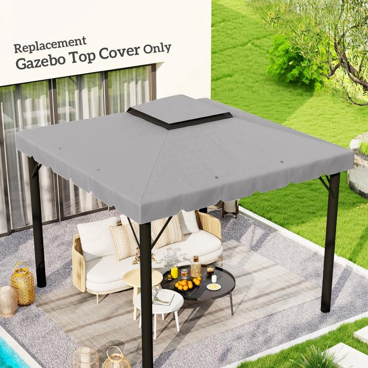 Light gray gazebo replacement canopy top on a dark frame over an outdoor seating area