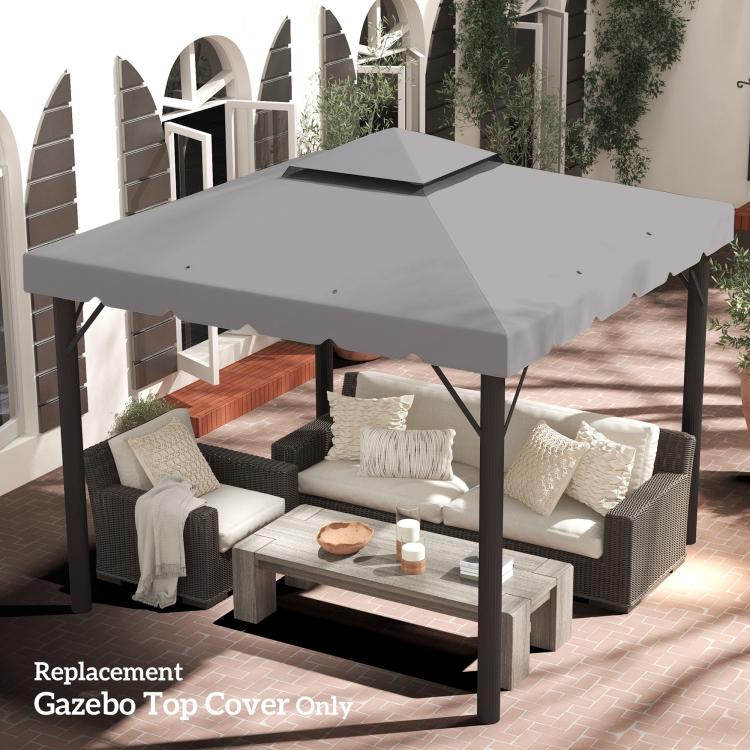 Light gray gazebo replacement canopy top on black frame over outdoor patio seating