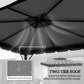 Underside of light gray gazebo canopy with drainage holes and two-tier roof