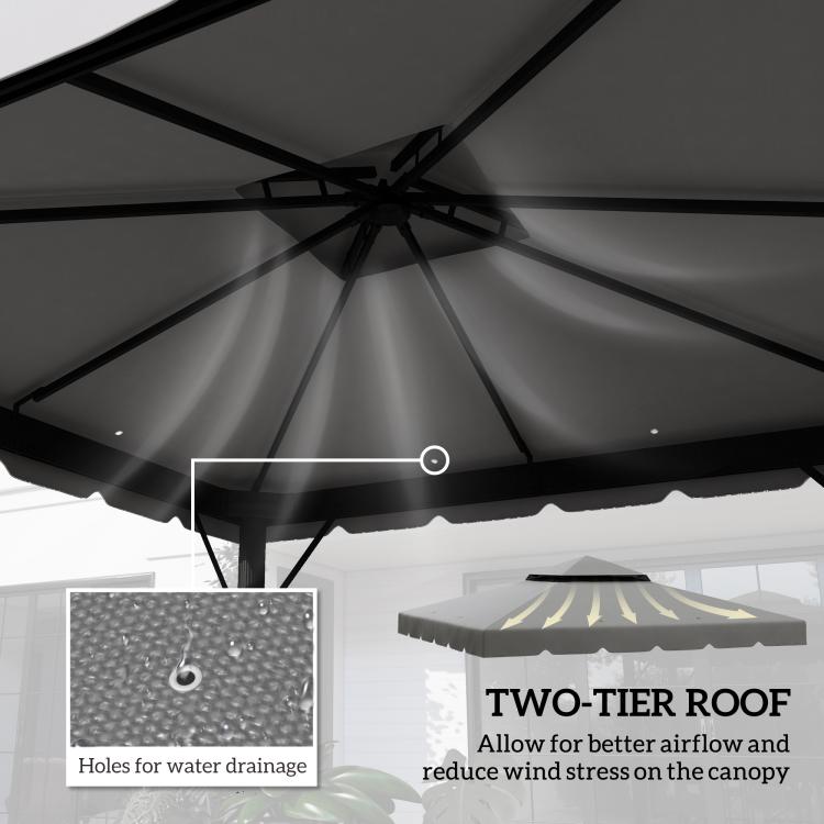 Underside of light gray gazebo canopy with drainage holes and two-tier roof