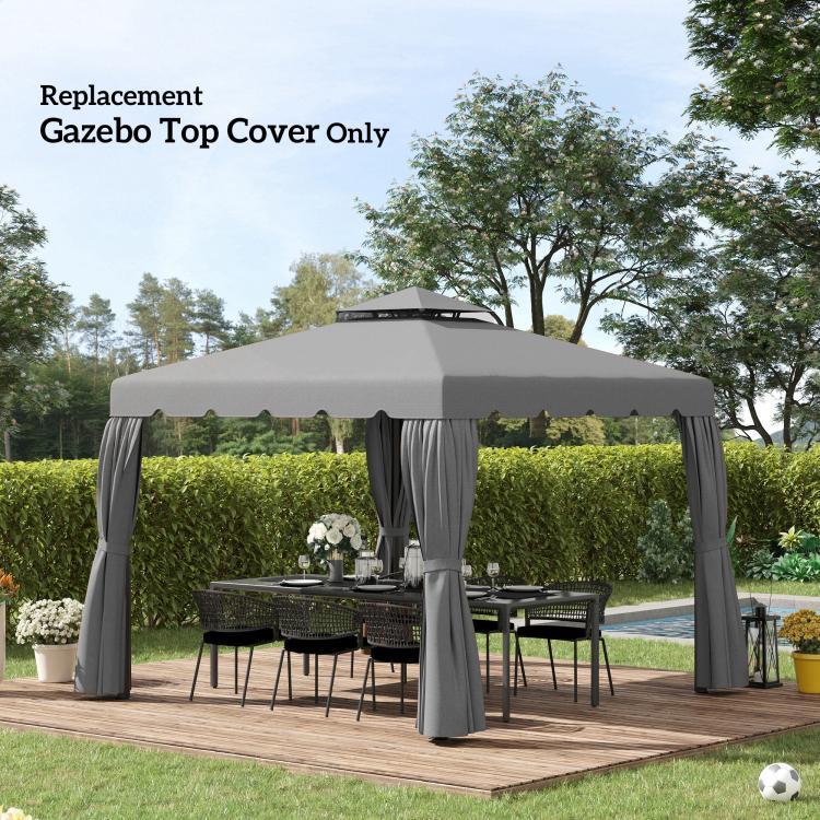 Light gray gazebo replacement canopy top with side curtains in an outdoor yard