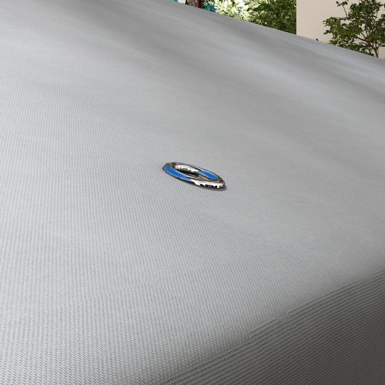 Light gray canopy fabric close-up with stitched texture and metal grommet