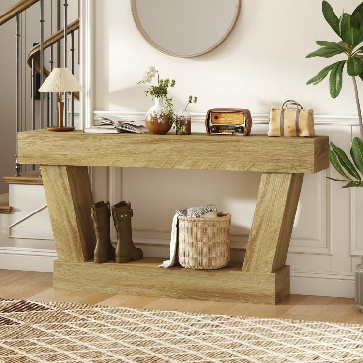 Vintage oak console table with open shelf and angled legs