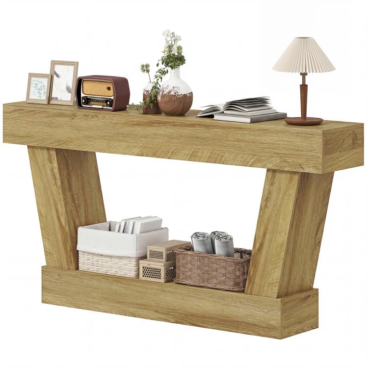 Oak console table with open lower shelf and wide tabletop