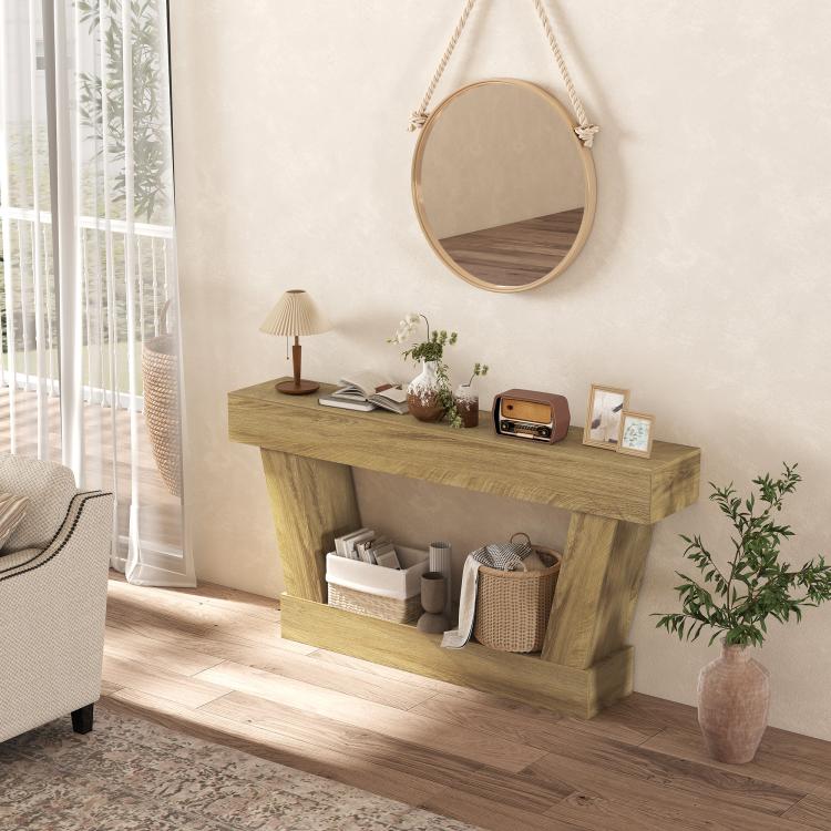 Vintage oak console table with open lower shelf and wide tabletop