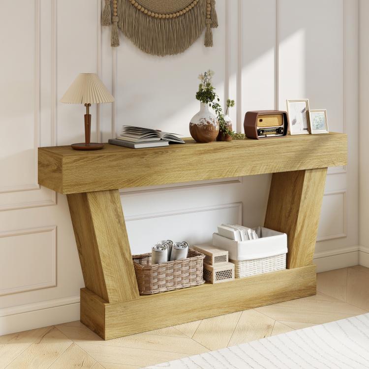 Oak entry console table with open shelf and four sturdy angled posts