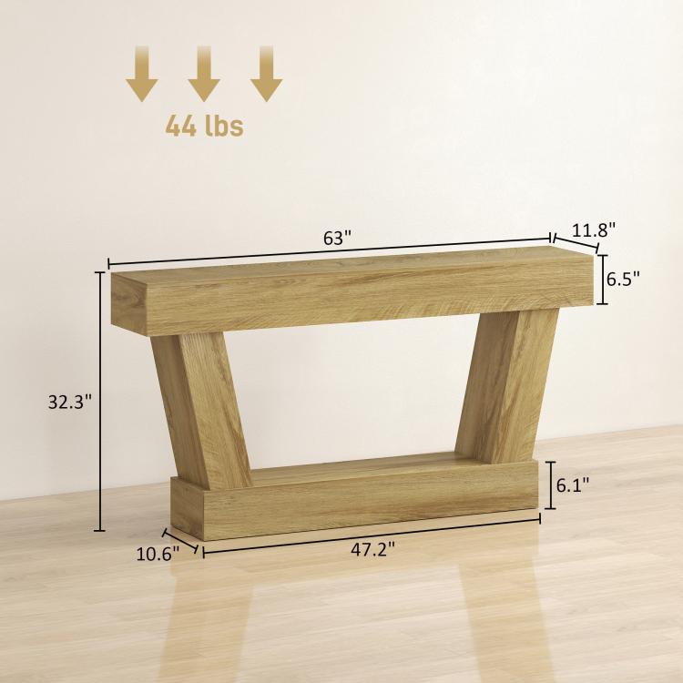 Oak console table with open shelf, shown with size and weight labels