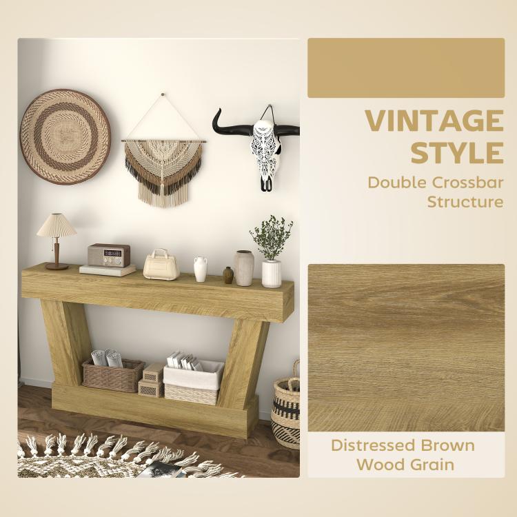 Oak console table with distressed wood-grain finish and open lower shelf