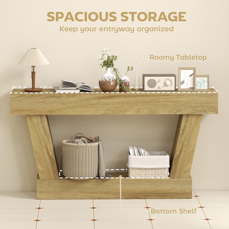 Oak entryway console table with spacious tabletop and open storage shelf