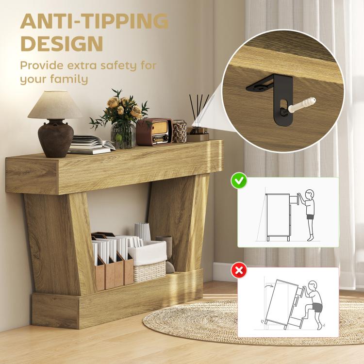 Oak console table with anti-tipping wall bracket and open lower shelf