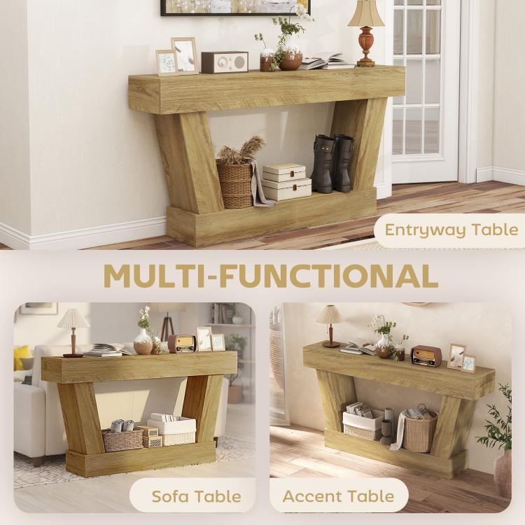 Oak console table with open shelves and rustic angled supports