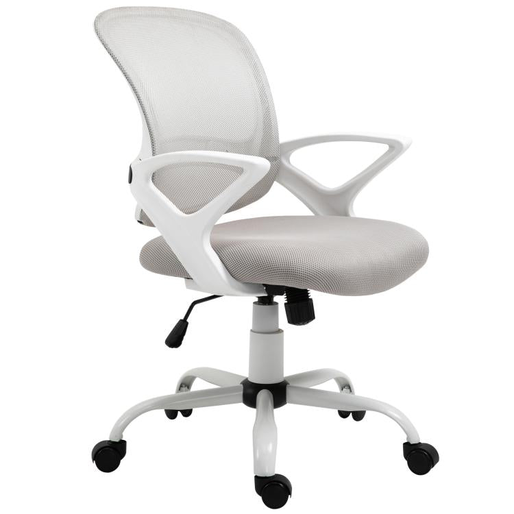 Gray cushioned office chair with mesh back, white frame, swivel base, and casters