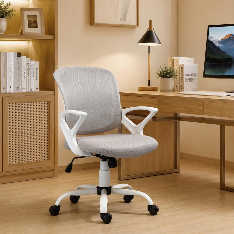 Gray mid-back mesh computer chair with upholstered seat, rolling wheels, and white base