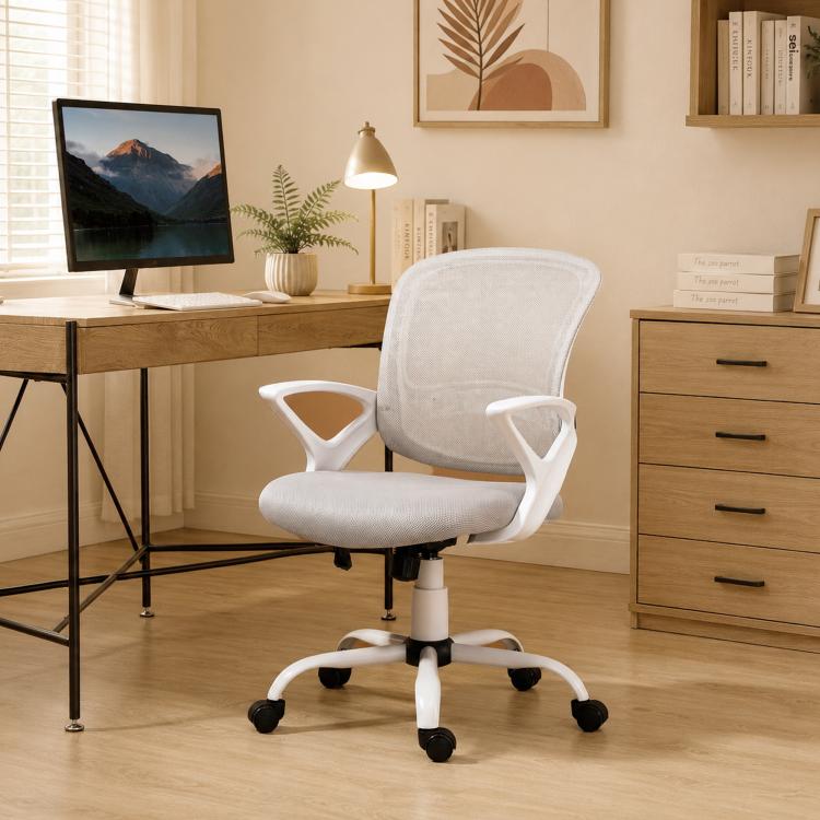 Gray mesh office chair with padded seat, swivel stand, and caster wheels