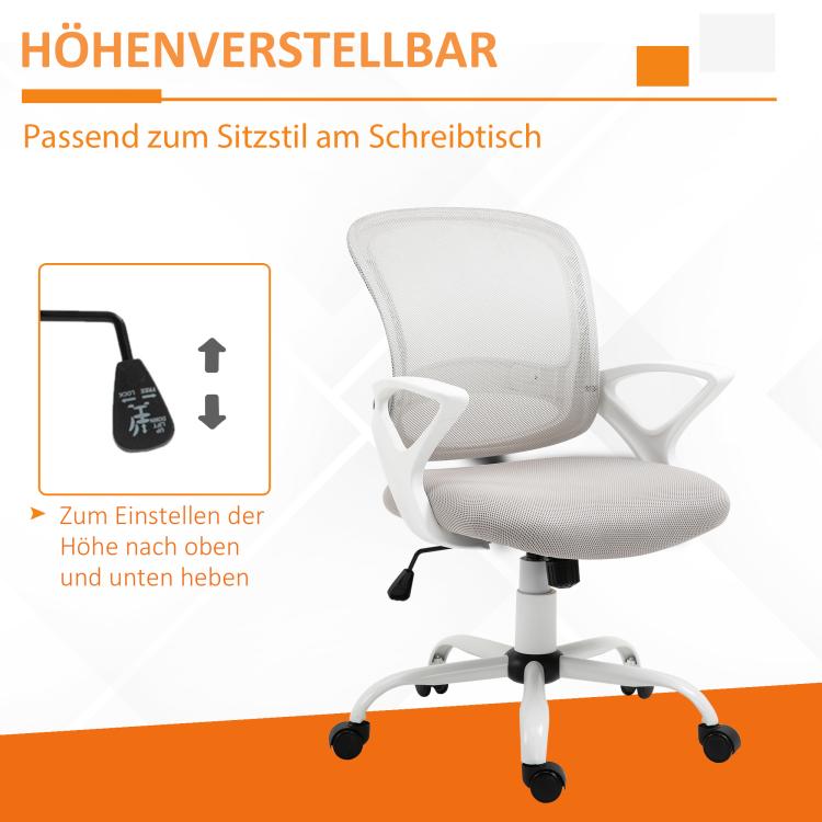 Gray mesh office chair with padded seat and height adjustment lever on swivel base