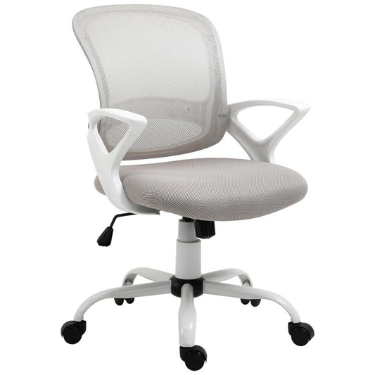 Gray mesh mid-back office chair with fabric seat, swivel base, and rolling casters