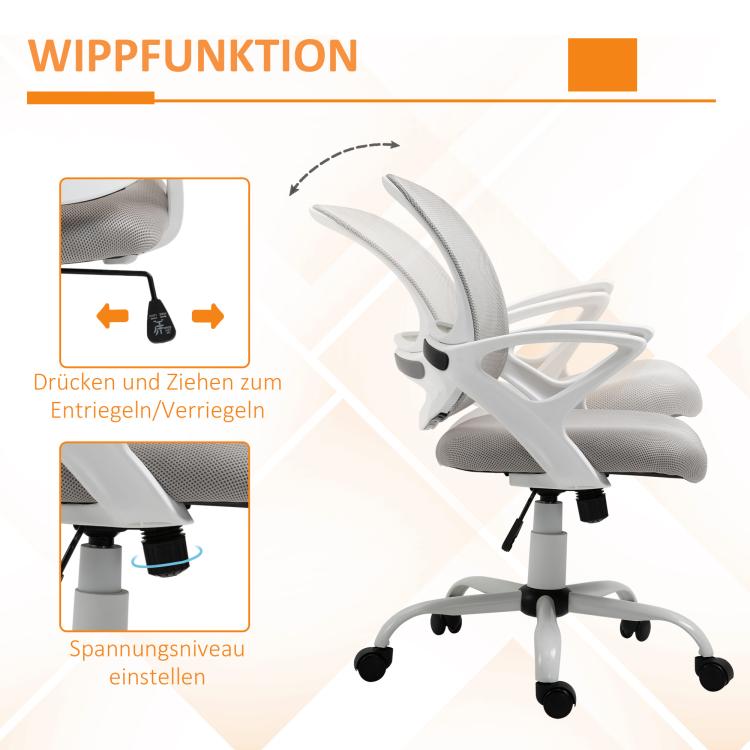 Gray mesh chair with rocking function, showing control lever and caster base