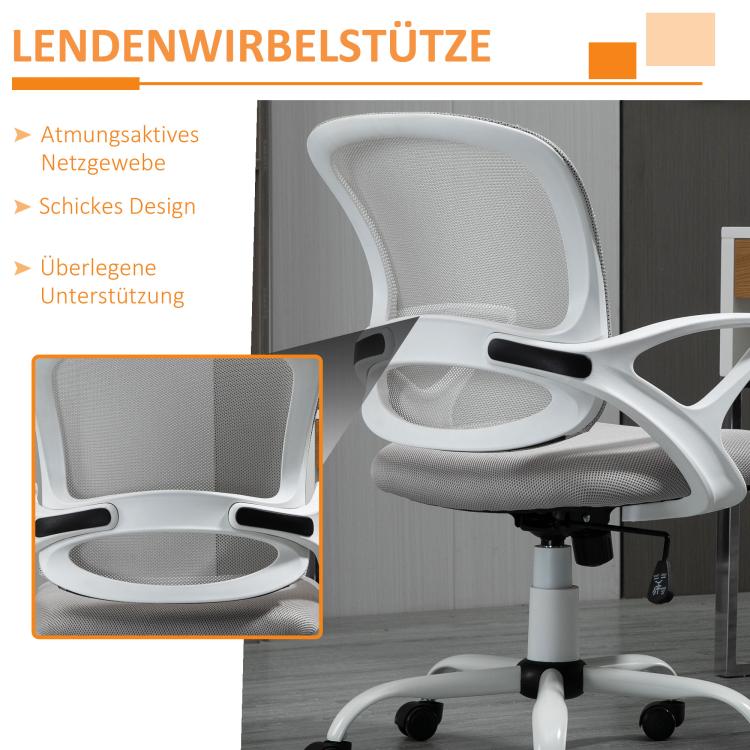 Gray mesh mid-back chair with breathable back support and padded seat, on casters