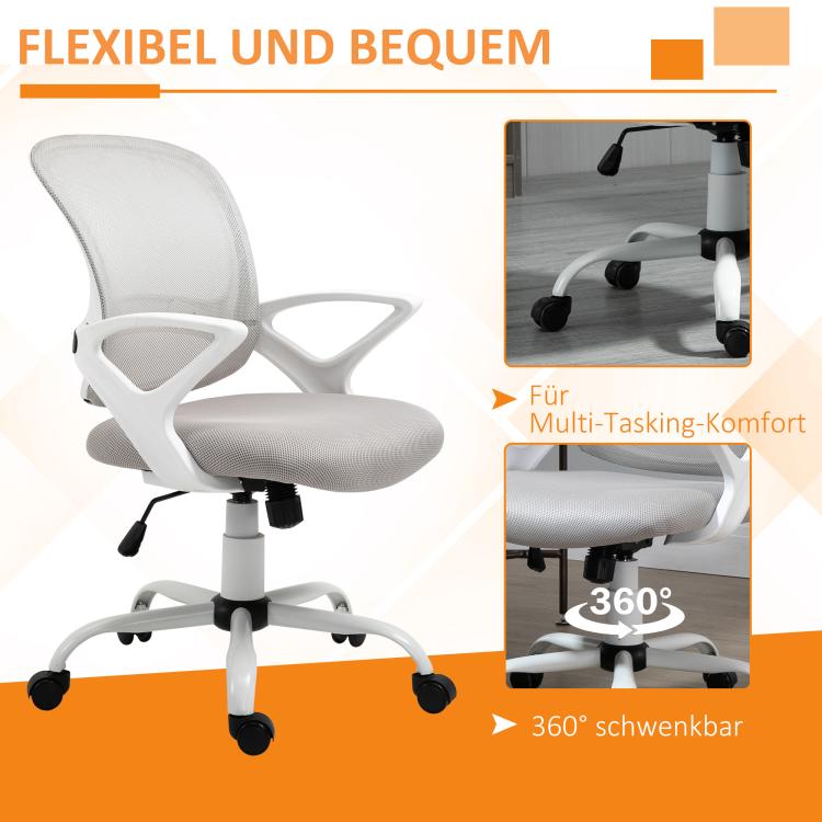 Gray mesh office chair with cushioned seat, 360-degree swivel and rolling wheels