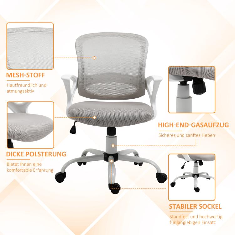 Gray mesh office chair with padded seat and gas-lift height adjustment on casters