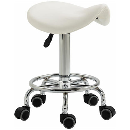White saddle rolling stool with padded seat, chrome base, and caster wheels