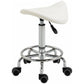 White saddle stool with backrest and footrest, chrome base, and rolling casters