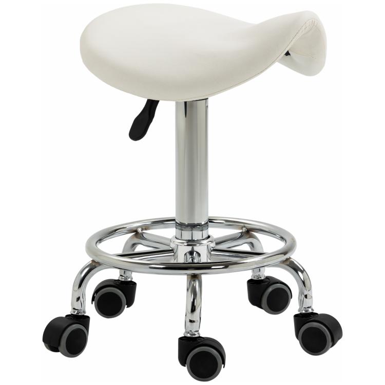 White PU saddle stool with padded seat on chrome rolling base with caster wheels