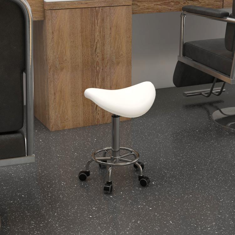 White padded saddle stool on chrome base with caster wheels