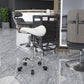 White saddle stool with high back, chrome base, and caster wheels