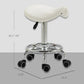 White padded saddle seat rolling on chrome base with black caster wheels