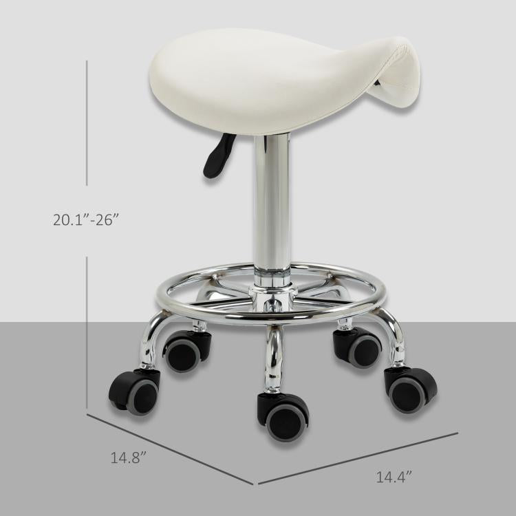 White padded saddle seat rolling on chrome base with black caster wheels