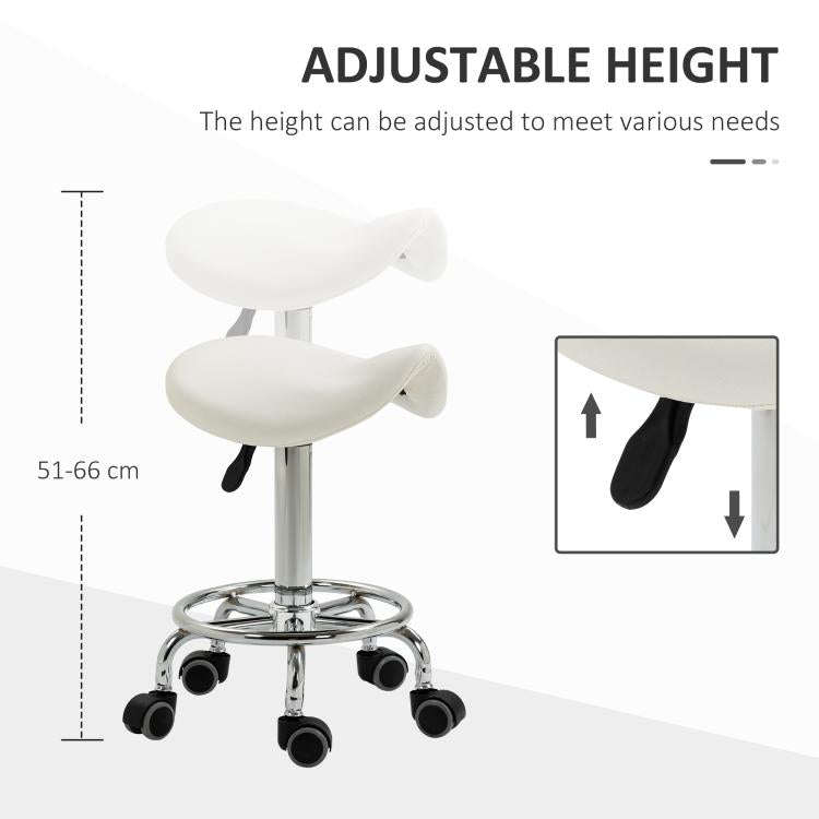 White height-adjustable saddle stool with padded seat and rolling casters