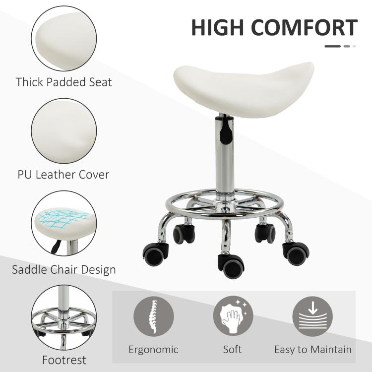 White PU-leather saddle chair with thick padded seat and rolling caster base
