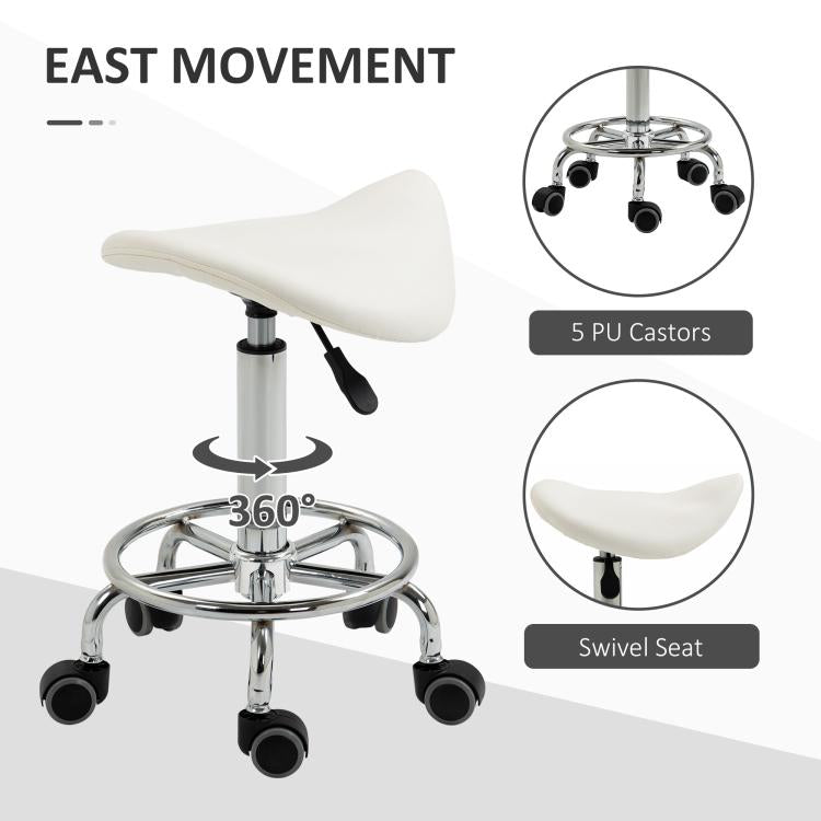 White swivel saddle stool with 5 PU caster wheels and padded seat