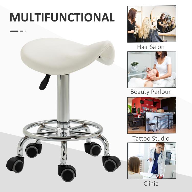 White rolling saddle stool with padded seat, chrome base, and caster wheels