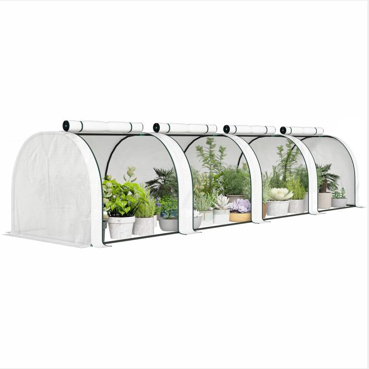 Portable tunnel greenhouse with white mesh cover and arched steel frame, 4 zip doors