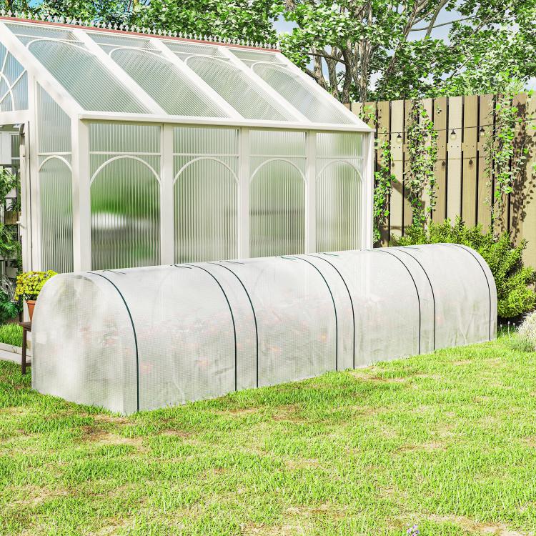 Portable tunnel greenhouse with white arched frame and translucent white PE cover
