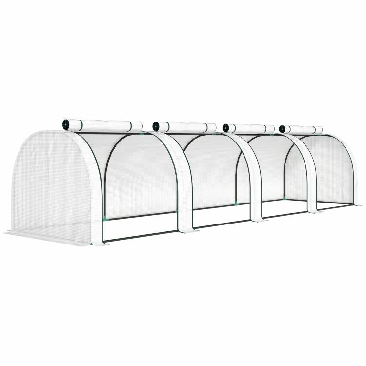 Portable tunnel greenhouse with translucent cover, white arched frame, and end door panels