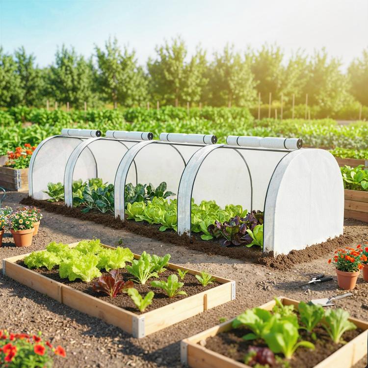 Portable tunnel greenhouse with white mesh panels and arched frame over garden beds