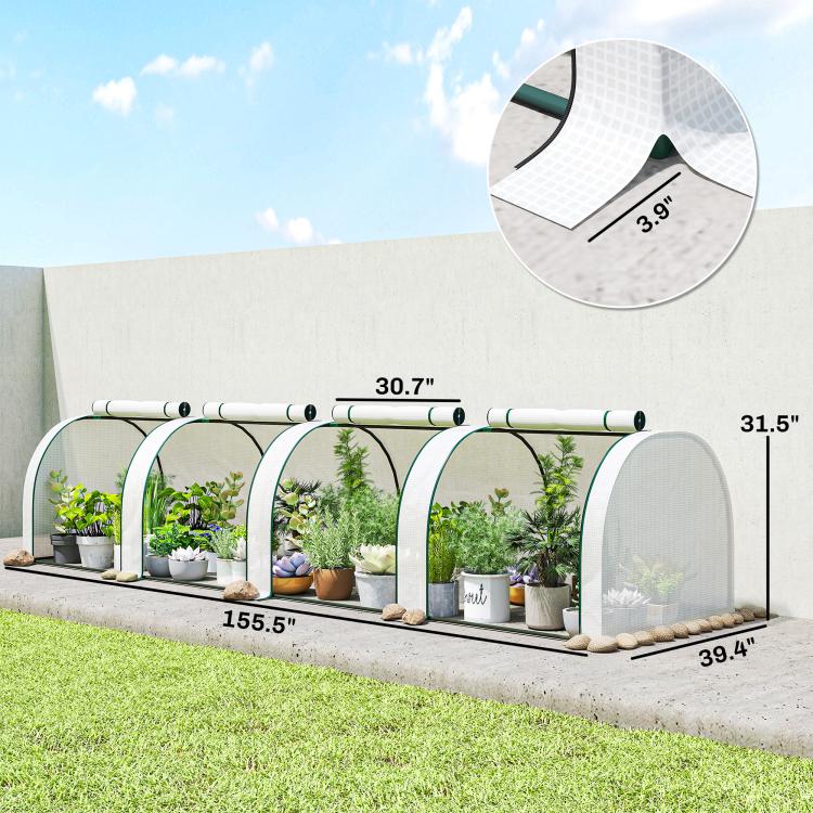 Portable tunnel greenhouse with white mesh cover and arched frame, multiple door openings