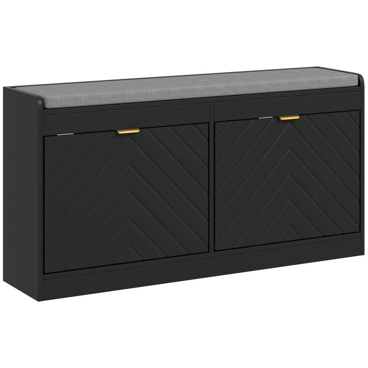Upholstered shoe storage bench with two flip drawers and diamond-pattern doors, dark