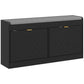 Upholstered entry bench with gray padded seat, dark base, two flip drawers for shoes.