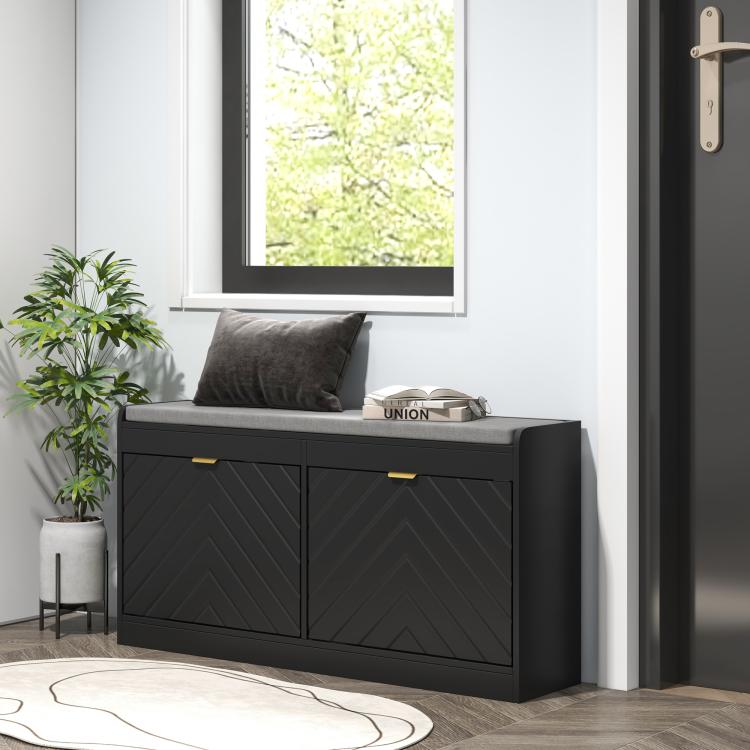 Upholstered entryway shoe storage bench with two flip drawers and cushioned top, dark