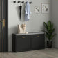 Upholstered shoe storage bench with two flip drawers, diamond-pattern doors and gray seat