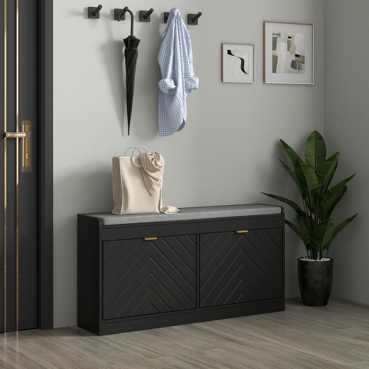 Upholstered shoe storage bench with two flip drawers, diamond-pattern doors and gray seat
