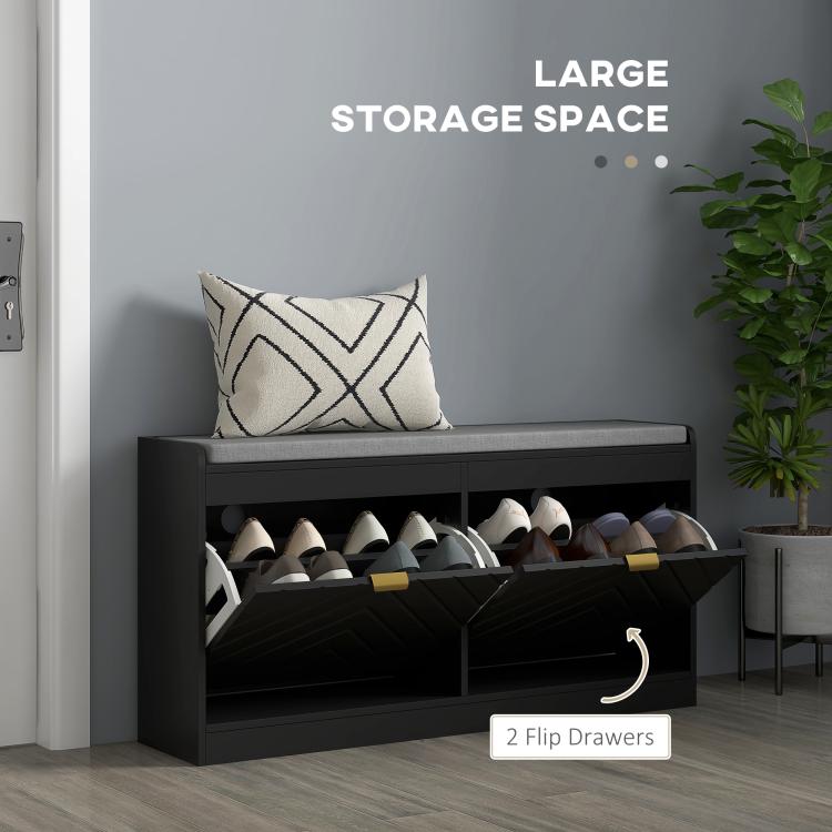 Upholstered shoe storage bench with two flip drawers and ventilated shoe racks, dark