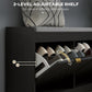 Upholstered shoe storage bench interior with two-level adjustable shelf for shoes, dark