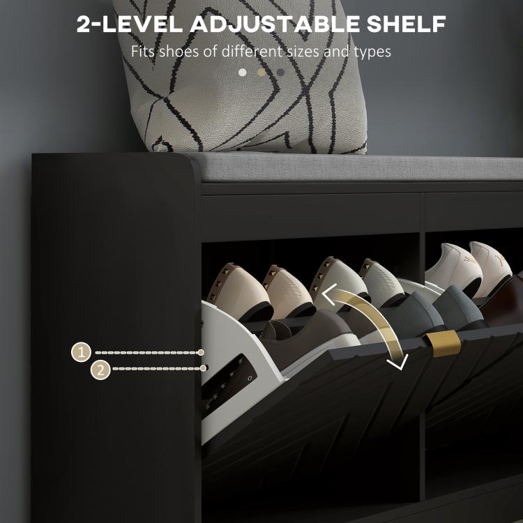 Upholstered shoe storage bench interior with two-level adjustable shelf for shoes, dark